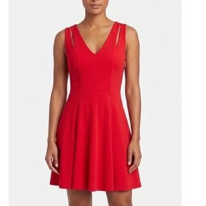 Bebe Red Fit & Flare Dress V-Neck Cutout Sleeveless Gold Zip Medium